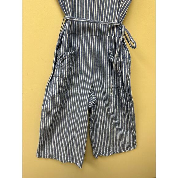 BeachLunchLounge Blue White Striped Linen Blend Cropped Wide Leg Jumpsuit Size M - Picture 6 of 15